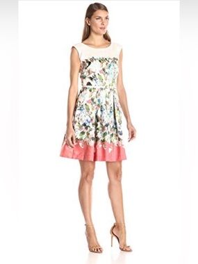 Julian Taylor A-line Dress with Coral Hem and Multicolor Floral Print 12P